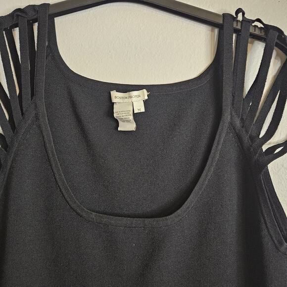 Boston Proper Sleeveless Strappy Shoulder Top Black Stretch Knit Sexy Size M LN - Picture 2 of 8
